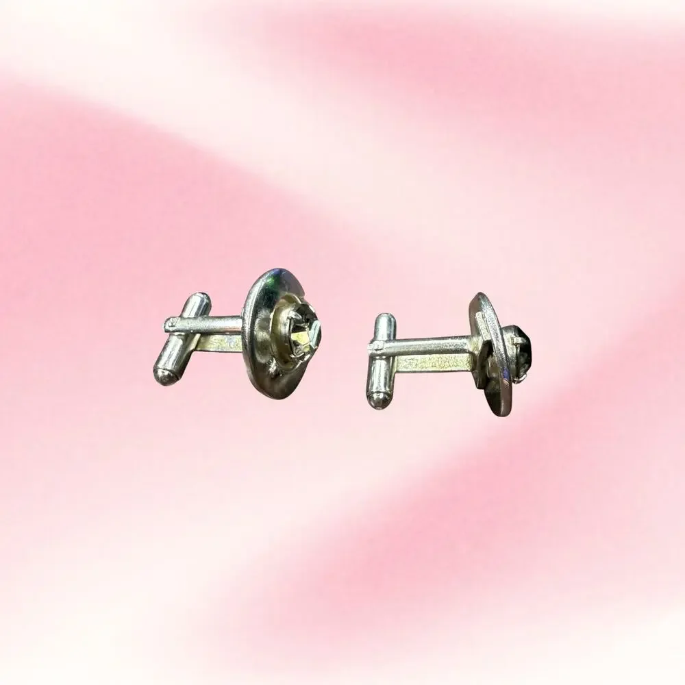 Vintage Shields Round Rhinestone Cufflinks Silver Tone Mid Century